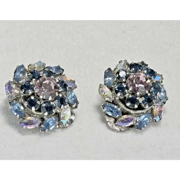 Vtg Blue Austria Crystal Aurora Borealis Prong Set Clip On Earrings Silver-tone - Picture 2 of 16